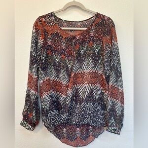 Wrangler Sheer Flowy Multicolor Boho Pattern Front Keyhole Top, EUC Size Small
